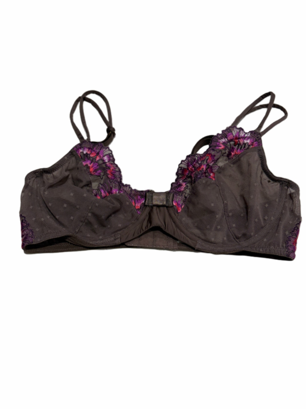 Wacoal 34C Floral Embroidered Lace Underwire Bra Brown Purple Pink Sheer Mesh